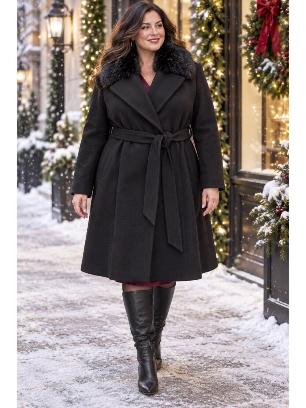 Lane Bryant Coat 22 24 NWT Black Faux Fur Collar Belted Long Plus Size Winter